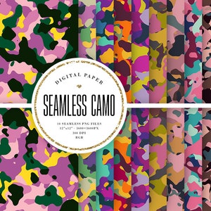 Camouflage Seamless Digital Paper, Camo Tileable Patterns, Army Print Backgrounds, Military Scrapbook Paper, Graphic Supply, Commercial Use