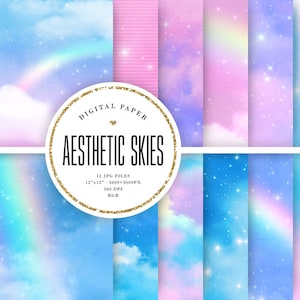 Cieli estetici Carta digitale, Sfondi cielo e arcobaleno, Cielo azzurro pastello, Bellissimi arcobaleni, Nuvole, 12x12 Uso commerciale Scrapbooking