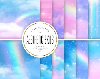 美しい空のデジタルペーパー、空と虹の背景、パステルブルーの空、美しい虹、雲、12x12 商業用スクラップブック
