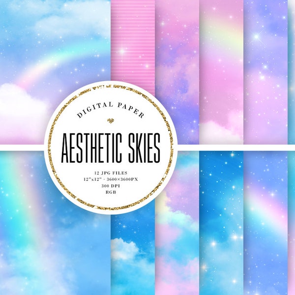 Aesthetic Skies Digital Paper, Sky & Rainbow Backgrounds, Pastel Blue Sky, Beautiful Rainbows, Clouds, 12x12 Commercial Use Scrapbooking