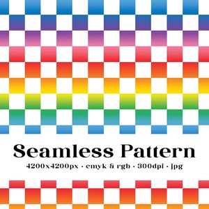 Puede incluir: Patrón sin costuras con cuadrados blancos y de colores alternados. Los cuadrados son un degradado de colores, comenzando por el azul, luego el morado, el rosa, el rojo, el naranja, el amarillo, el verde y terminando de nuevo con el azul. El texto "Seamless Pattern" está centrado debajo del patrón. El texto debajo del patrón dice "4200x4200px - cmyk & rgb - 300dpi - jpg".