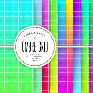 Può includere: Dieci sfondi di carta digitale con un motivo a griglia in sfumature di blu, verde, giallo, arancione, rosa e viola. Ogni sfondo misura 30,48 cm per 30,48 cm e 300 DPI.