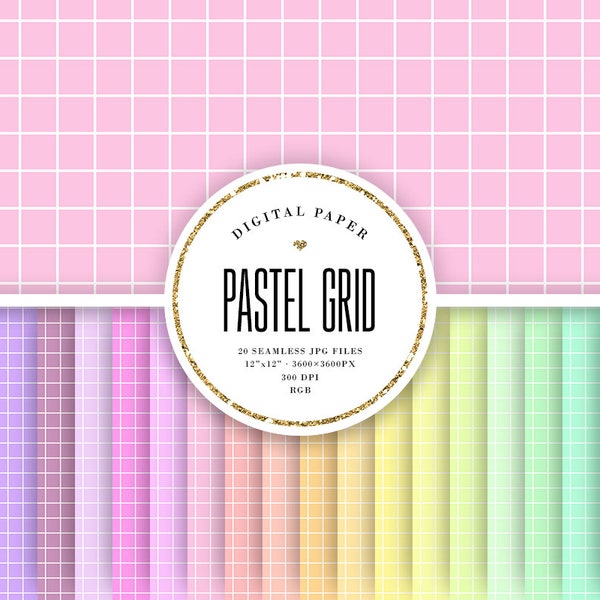 Grid Digital Paper, Large Check Lined Patterns, Seamless Pastel Squares, Basic Scrapbook Papers 12x12, POD Friendly, Commercial Use