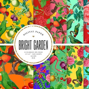 Bright Floral Seamless Patterns, Tropical Digital Paper, Summer Sublimation Backgrounds, Fruits, Flowers, Birds, Red, Yellow, COMMERCIAL USE image 1
