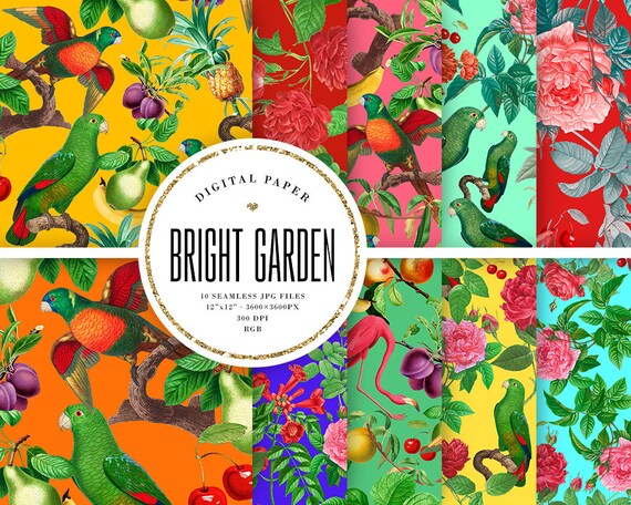 Bright Floral Seamless Patterns, Tropical Digital Paper, Summer Sublimation Backgrounds, Fruits, Flowers, Birds, Red, Yellow, COMMERCIAL USE