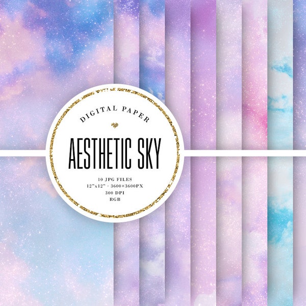 Aesthetic Digital Paper, Magic Sky Backgrounds, Sparkling Skies, Pastel Nebula, Dreamy Scrapbook Paper, Heaven, Soft Clouds, Commercial Use