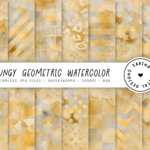 May include: A set of 14 digital paper patterns featuring geometric designs in shades of yellow and gray. The patterns are seamless and can be used for scrapbooking, card making, and other craft projects.