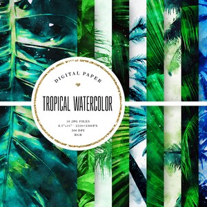 May include: A set of 10 digital watercolor tropical leaf and palm tree patterns. The patterns are in shades of green, blue, and white. The patterns are 8.5 inches by 11 inches and 300 DPI.