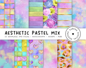 Pastel digitaal papier, naadloze patronen, esthetische achtergronden, scrapbooking papier 12x12, leuke kleuren, naadloze wolken, aquarel, hout