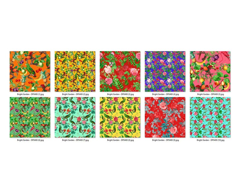 Bright Floral Seamless Patterns, Tropical Digital Paper, Summer Sublimation Backgrounds, Fruits, Flowers, Birds, Red, Yellow, COMMERCIAL USE image 2