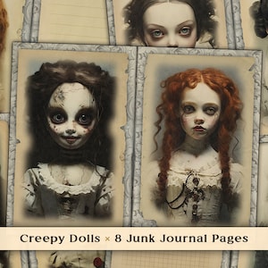 Haunted Dolls, Junk Journal Double Pages, Vintage Dolls Scrapbook Papers, Scary Dolls Scrapbooking, Spooky Digital Papers, Digital Download