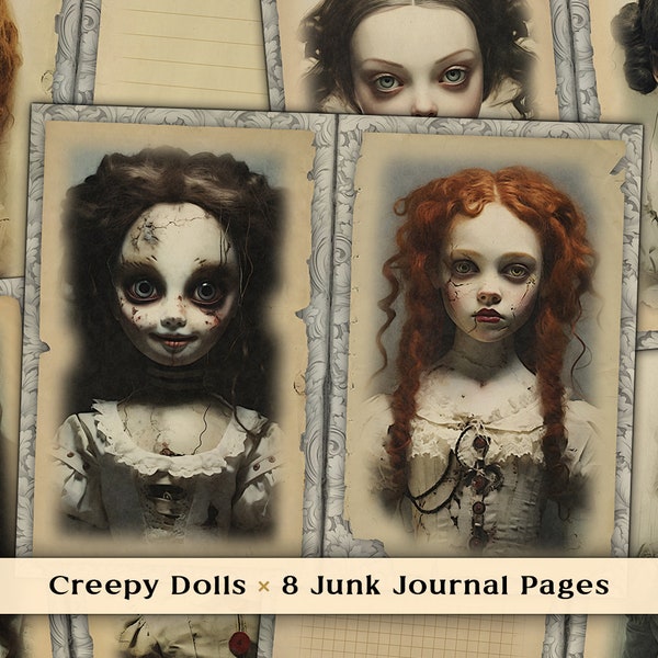 Haunted Dolls, Junk Journal Double Pages, Vintage Dolls Scrapbook Papers, Scary Dolls Scrapbooking, Spooky Digital Papers, Digital Download