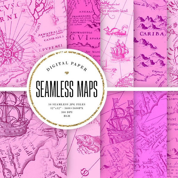 Pink Vintage Maps Seamless Digital Paper, Rose Nautical Tileable Patterns, Old Map Scrapbook Paper, Antique Maps Backgrounds, Commercial Use