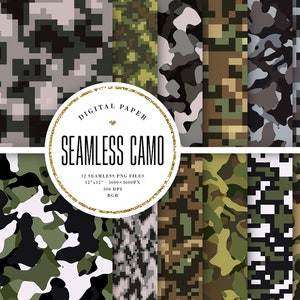 Seamless Camo Digital Paper, Pixelated Camouflage Patterns, Military Scrapbook Images, Grey & Green Camo Tileable Background, COMMERCIAL USE