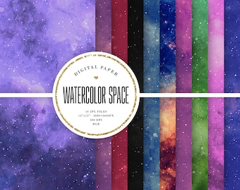 Watercolor Space Digital Paper, Aquarelle Galaxy Backgrounds, Dark Starfield Textures, Black Universe, Celestial Scrapbook, Commercial Use