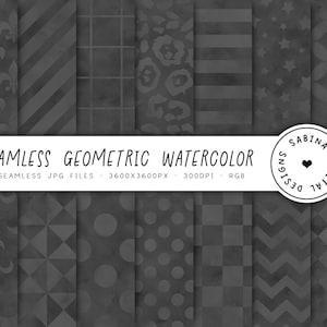 May include: A set of 14 seamless digital paper patterns in black and white. The patterns are geometric and feature various shapes, including stars, circles, squares, and stripes. The patterns are designed for use in digital scrapbooking, card making, and other craft projects.  "SABINA DIGITAL DESIGNS" is printed on a white banner.