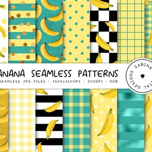 Bananen Digitales Papier, Nahtloser Bananenhintergrund, Obst Scrapbooking Papiere 12x12, Gelb & Teal Hintergrund, Sommerfarben, KOMMERZIELLE NUTZUNG
