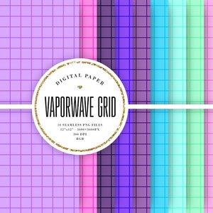 Può includere: Dieci sfondi digitali di carta con un motivo a griglia in vari colori pastello, tra cui viola, rosa, blu, verde e giallo. Il testo "DIGITAL PAPER VAPORWAVE GRID" è in un cerchio di glitter dorato.