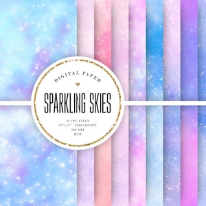 Sparkling Sky Digital Paper, Magical Sky Backgrounds, Clouds & Sparks, Aesthetic Scrapbook Paper, Shiny Fantasy, Commercial Use, 12x12