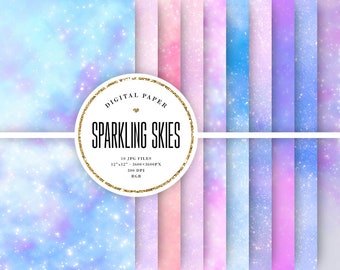 Sparkling Sky Digital Paper, Magical Sky Backgrounds, Clouds & Sparks, Aesthetic Scrapbook Paper, Shiny Fantasy, Commercial Use, 12x12