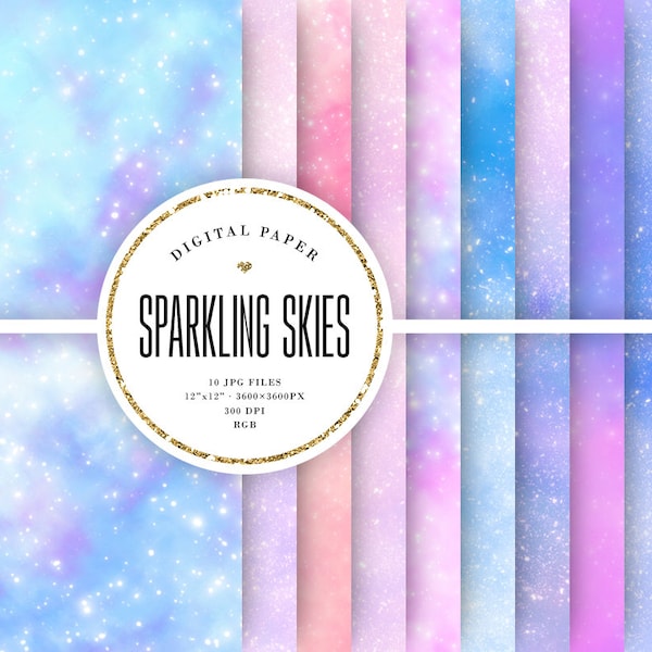 Sparkling Sky Digital Paper, Magical Sky Backgrounds, Clouds & Sparks, Aesthetic Scrapbook Paper, Shiny Fantasy, Commercial Use, 12x12