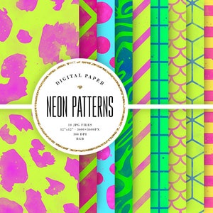 Puede incluir: Un conjunto de 10 patrones de papel digital en colores neón brillantes. Los patrones incluyen estampado de leopardo, lunares, rayas, formas geométricas y más. Los papeles miden 30,48 cm por 30,48 cm y 300 DPI.