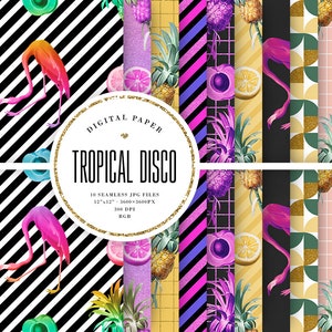Op de afbeelding: Een digitale papier set getiteld "Tropical Disco" met verschillende tropische patronen. Ontwerpen omvatten flamingo's, ananassen, citrusvruchten en geometrische vormen in levendige kleuren. De set bevat 10 naadloze JPG-bestanden, elk 30,48 cm x 30,48 cm.