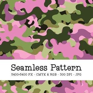 May include: Seamless pattern featuring a camouflage design in shades of pink, green, and brown. The pattern is 5400x5400 pixels, CMYK & RGB, 300 DPI, and in JPG format.