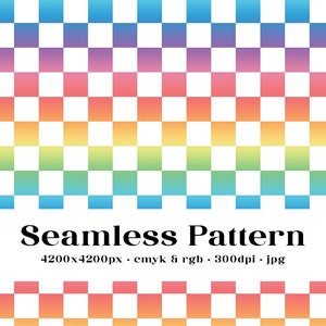 May include: A seamless pattern with a rainbow gradient checkerboard design. The pattern is made up of alternating white and colored squares. The colors of the gradient are blue, purple, pink, orange, yellow, green, and blue.