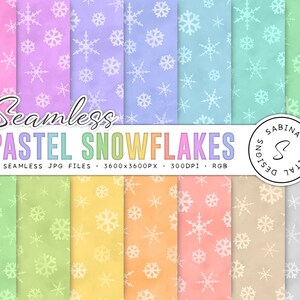 Könnte beinhalten: Ein Set mit 14 digitalen Papiermustern mit pastellfarbenen Hintergründen und weißen Schneeflocken-Designs. Der Text "Seamless Pastel Snowflakes" befindet sich oben im Bild. Der Text "14 Seamless JPG Files - 3600x3600px - 300DPI - RGB" befindet sich unter dem Titel.