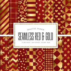 Red and Gold Seamless Digital Paper, Royal Metallic Foil Patterns, Luxury Geometric Backgrounds, Christmas Scrapbook Papers, COMMERCIAL USE