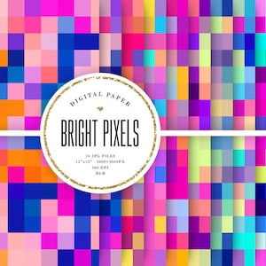 May include: Ten digital paper designs featuring bright pixel patterns in various colors, including pink, blue, yellow, orange, and purple. Each design is 12 inches by 12 inches and 300 DPI.