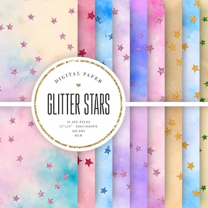 Glitter Stars Digital Paper, Aquarel Textures, Gold Stars Scrapbook Printable Papers, Scattered Stars Achtergronden, 12x12 Commercieel Gebruik