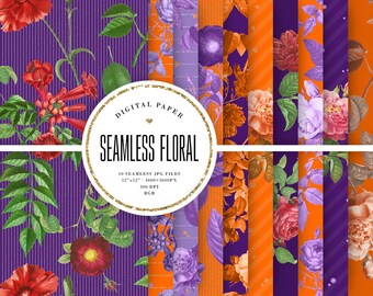 Commercial Use Seamless Digital Paper, Orange & Purple Patterns, Tileable Scrapbook Paper, Floral Scrapbooking 12x12, Instant Download