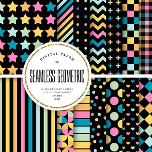 May include: A set of 16 digital paper patterns featuring geometric designs in a variety of colors, including yellow, pink, blue, and green. The patterns are seamless and can be used for a variety of crafting projects.