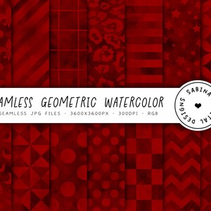 May include: A set of 14 digital paper designs featuring red geometric patterns. The patterns include stripes, polka dots, stars, and more. The papers are seamless and can be used for scrapbooking, card making, and other crafts.