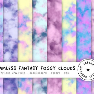 May include: A set of 8 seamless digital paper patterns featuring colorful, abstract, foggy clouds in shades of pink, purple, blue, and yellow. The patterns are 3600x3600 pixels and 300 DPI.