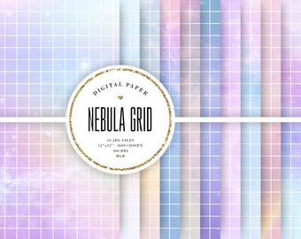 Space Grid Backgrounds, Light Nebula Digital Paper, Soft Colors, Pastel Grid Scrapbook Pattern, Clouds & Rainbow, Aesthetic Printable Papers