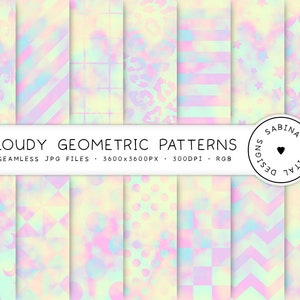 Pastelowy papier cyfrowy, bezszwowe wzory geometryczne, papier do scrapbookingu z geometrycznymi chmurami, urocze kolory, żółty, jasnoróżowy i niebieski, do użytku komercyjnego