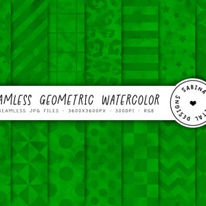 May include: A set of 14 digital paper patterns featuring green watercolor geometric designs. The patterns include stars, stripes, polka dots, and more.  The text "SEAMLESS GEOMETRIC WATERCOLOR" is at the top of the image.  The text "14 SEAMLESS JPG FILES - 3600X3600PX - 300DPI - RGB" is below the text "SEAMLESS GEOMETRIC WATERCOLOR".  The text "SABINA DESIGNS DIGITAL" is in a circle at the bottom right of the image.