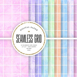 May include: A set of 10 digital paper seamless grid patterns in pastel colors. Each pattern features a subtle marbled effect with a white grid overlay. The digital papers are 12 inches by 12 inches and 300 DPI.