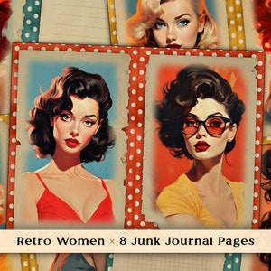 Pagine di diario spazzatura retrò per donne, carte per album di ragazze Pin Up, carta digitale luminosa degli anni '50, scrapbooking a doppia pagina, download istantaneo