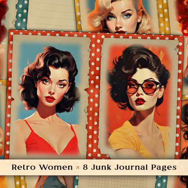 Retro Women Junk Journal Pages, Pin Up Girls Scrapbook Papers, 1950s Bright Digital Paper, Double Pages Scrapbooking, Instant Download