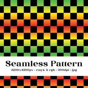 Rasta Ombre & Black Checkered Seamless Pattern, Geometric Check Repeat Background, Yellow, Red, Green Fabric Printing File, Commercial Use