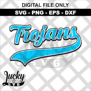 May include: A blue and white baseball-style graphic with the word "Trojans" in a stylized font. The graphic is on a white background with a black and white checkered pattern.