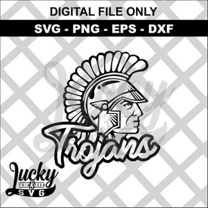 May include: Black and white illustration of a Trojan warrior wearing a helmet with a plume. The word "Trojans" is written in a stylized font below the warrior's head. The text "Lucky Thirteen SVG" is in a banner at the bottom of the image.