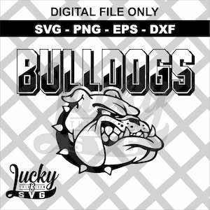 May include: Black and white digital design featuring the word "Bulldogs" in bold letters with a bulldog head illustration. The bulldog has a spiked collar and a fierce expression. The text "Lucky Thirteen SVG" is at the bottom of the design.