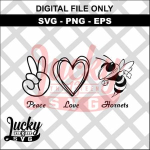May include: Black and white digital design featuring a peace sign, a heart, and a cartoon hornet with the words "Peace Love Hornets".
