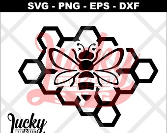May include: Black and white digital file of a bee and honeycomb design. The bee is centered on a honeycomb pattern. Text at the top reads "DIGITAL FILE ONLY" and below it are the file types "SVG - PNG - EPS - DXF". The Lucky Thirteen SVG logo is at the bottom.