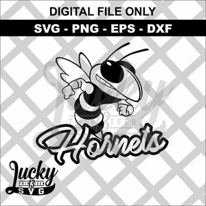 May include: Black and white digital illustration of a cartoon hornet mascot with the text "Hornets" and "Lucky Thirteen SVG" below it.